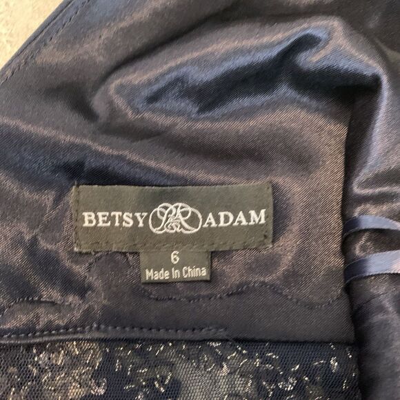 Betsey Adam Navy Blue Gown With Illusion Waist Dress Size 6 Petite - Picture 7 of 7